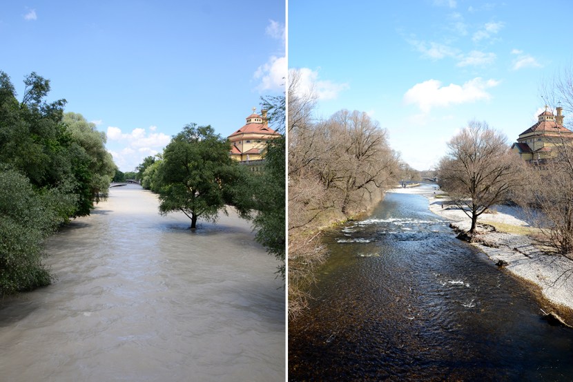 El Isar desde Lüdwigsbrücke de Múnich. A la izquierda en enero; a la derecha este jueves