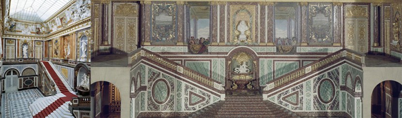 La gran escalera de Herrenchiemsee, izquierda; derecha, reconstrucción de la versallesa. /FOTO: WEB + SCHLOSS HERRENCHIEMSEE